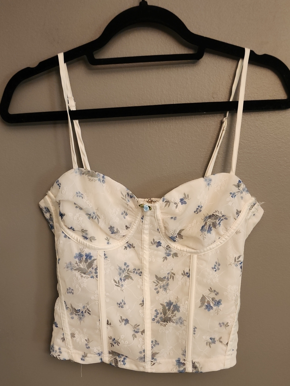 White Floral Bustier Crop Top with Blue Print